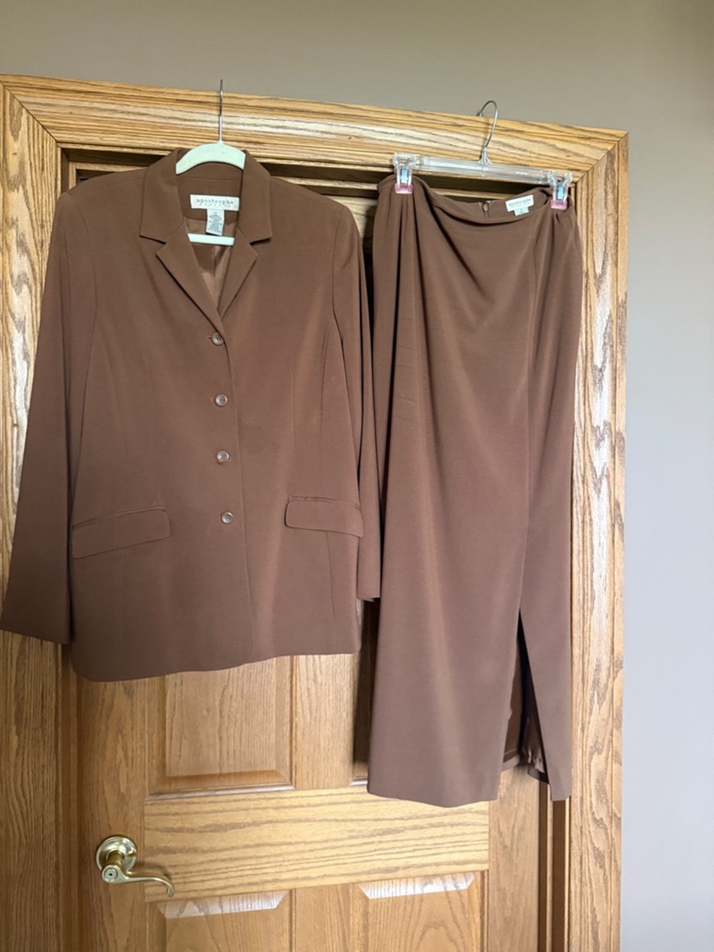 Apostrophe Stretch Women's Blazer and skirt, fully lined in Dusty Copper